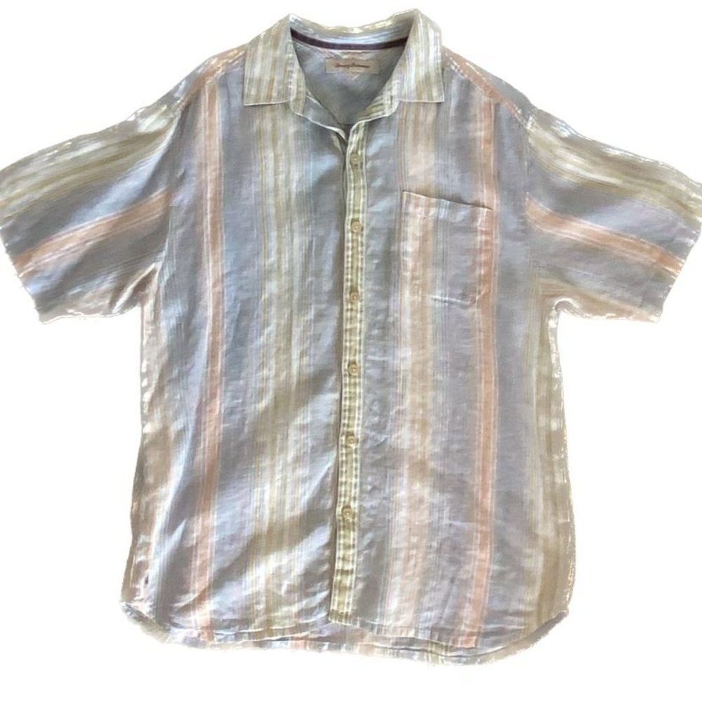 Tommy Bahama Men's Hawaiian Tropical Stripe 100% Linen Camp Shirt Large